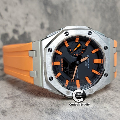 Casioak Mod Watch Offshore Superior Silver Case Orange Rubber Strap Black Orange Time Mark Black Dial 44mm- Casioak Mod Casio G-Shock Royal Oak Custom Mens Luxury Watches Ga2100