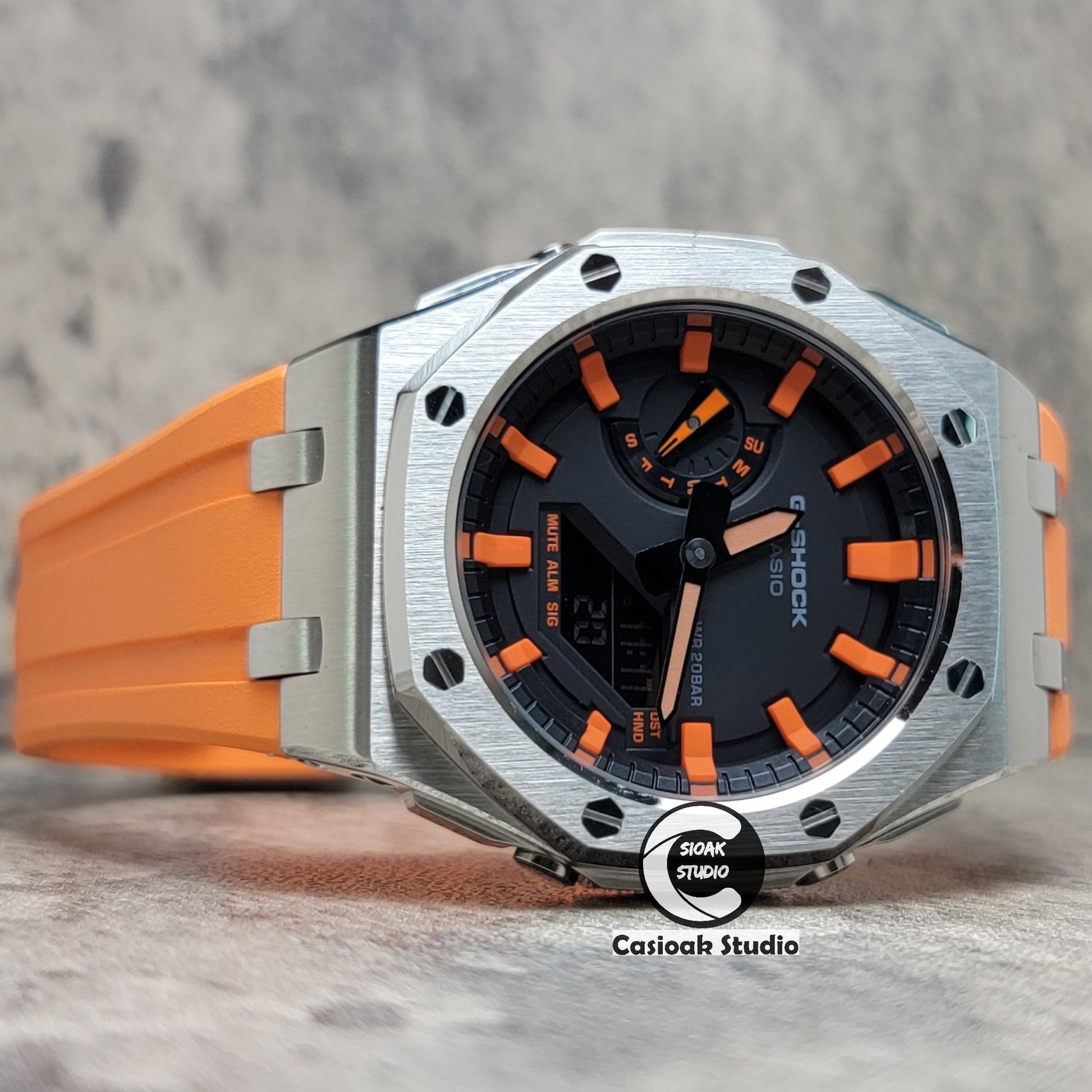 Casioak Mod Watch Offshore Superior Silver Case Orange Rubber Strap Black Orange Time Mark Black Dial 44mm- Casioak Mod Casio G-Shock Royal Oak Custom Mens Luxury Watches Ga2100