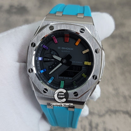 Casioak Mod Watch Offshore Superior Silver Case Tiff Rubber Strap Black Rainbow Time Mark Black Dial 44mm- Casioak Mod Casio G-Shock Royal Oak Custom Mens Luxury Watches Ga2100