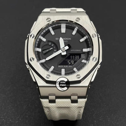 Casioak Mod Watch Offshore Superior Silver Case White Canvas Strap Black Time Mark Silver Dial 44mm- Casioak Mod Casio G-Shock Royal Oak Custom Mens Luxury Watches Ga2100