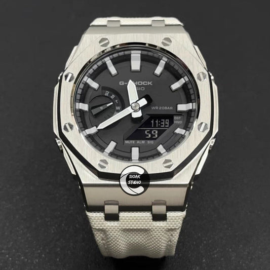 Casioak Mod Watch Offshore Superior Silver Case White Canvas Strap Black Time Mark Silver Dial 44mm- Casioak Mod Casio G-Shock Royal Oak Custom Mens Luxury Watches Ga2100