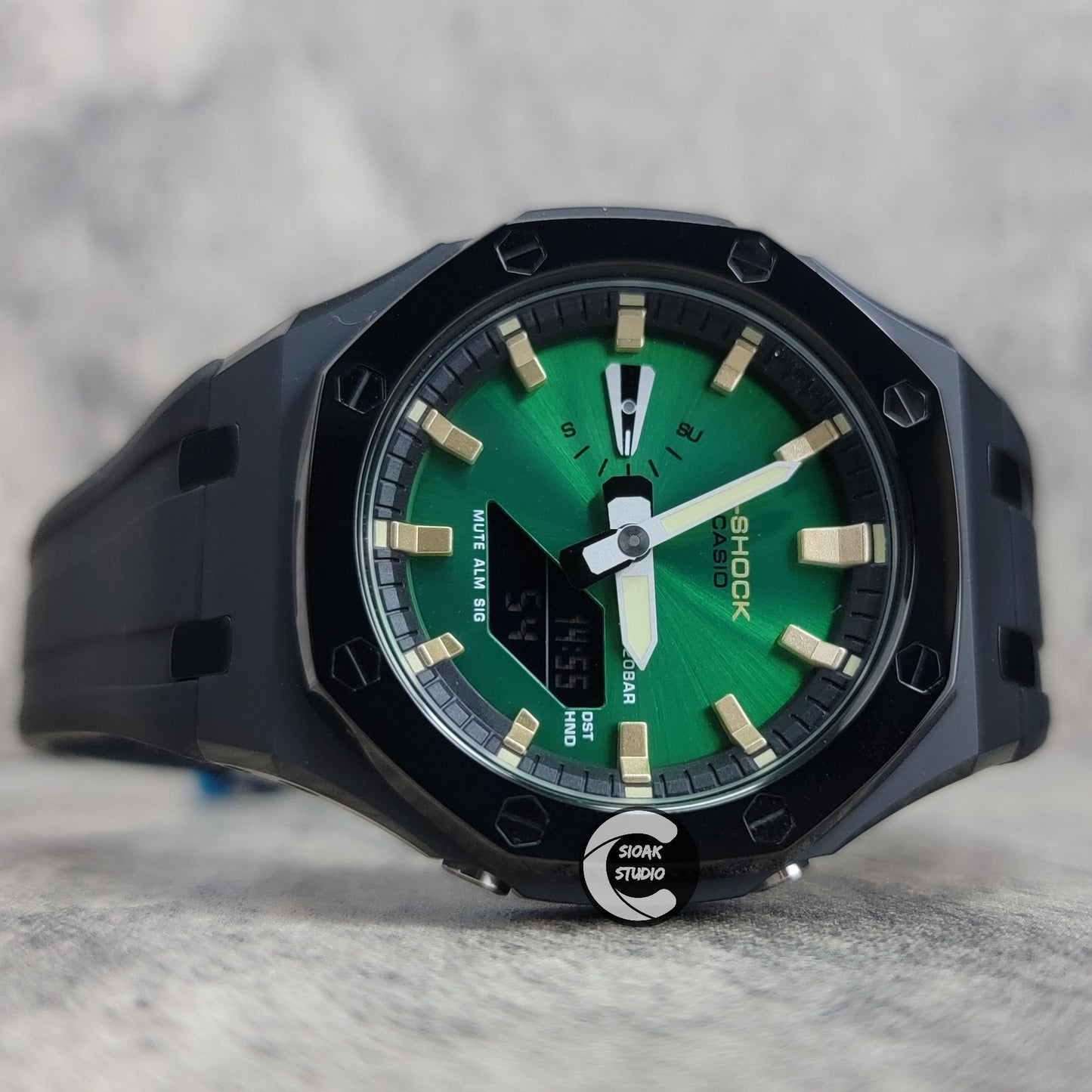 Casioak Mod Watch Polished Black Case Black Strap Black Gold Time Mark Green Dial 44mm- Casioak Mod Casio G-Shock Royal Oak Custom Mens Luxury Watches Ga2100