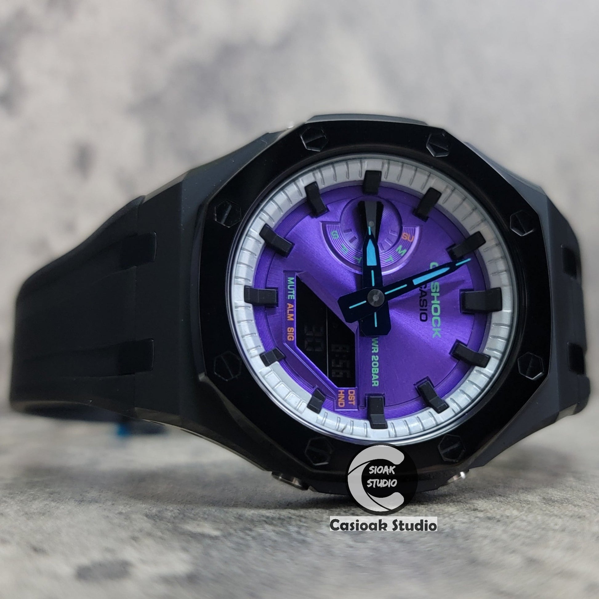 Casioak Mod Watch Polished Black Case Black Strap Silver Black Time Mark Purple Dial 44mm- Casioak Mod Casio G-Shock Royal Oak Custom Mens Luxury Watches Ga2100