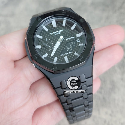 Casioak Mod Watch Polished Black Case Metal Strap Black Gray Time Mark Black Waffle Dial 44mm- Casioak Mod Casio G-Shock Royal Oak Custom Mens Luxury Watches Ga2100