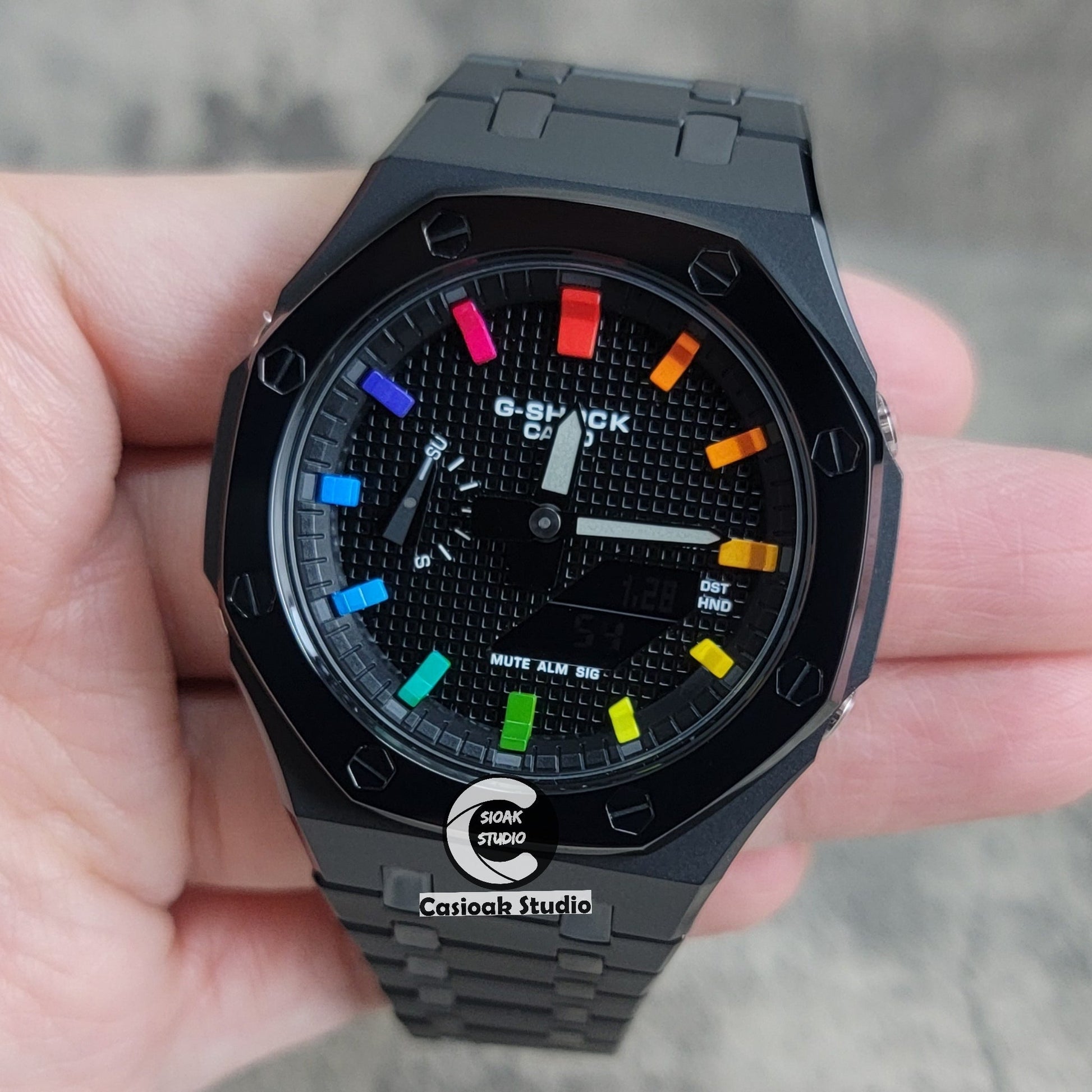 Casioak Mod Watch Polished Black Case Metal Strap Black Rainbow Time Mark Black Waffle Dial 44mm- Casioak Mod Casio G-Shock Royal Oak Custom Mens Luxury Watches Ga2100