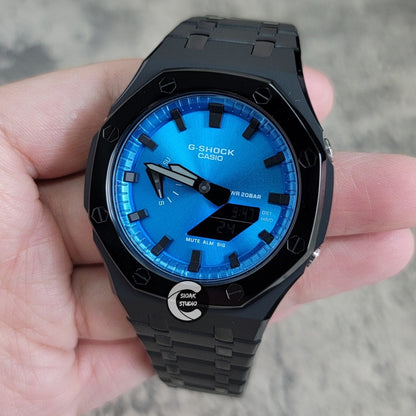 Casioak Mod Watch Polished Black Case Metal Strap Blue Black Time Mark Blue Metallic Dial 44mm- Casioak Mod Casio G-Shock Royal Oak Custom Mens Luxury Watches Ga2100