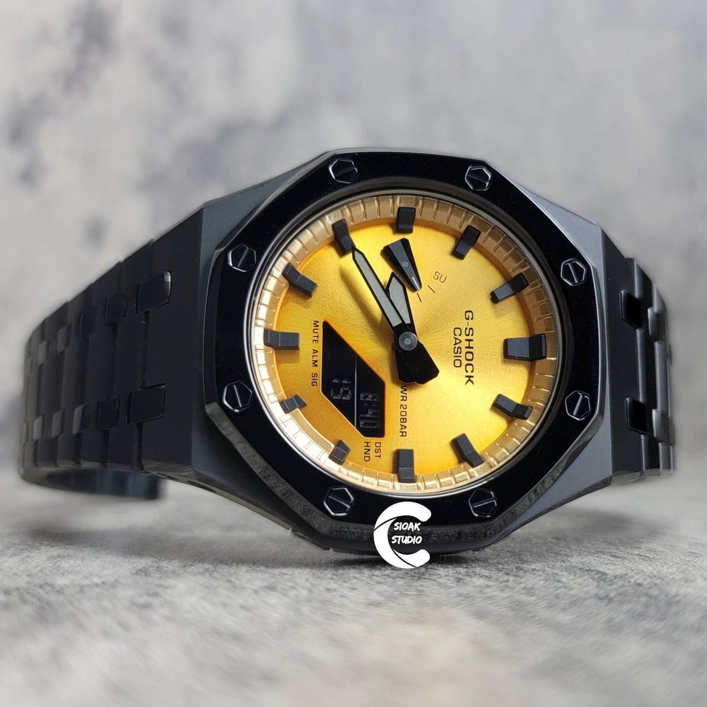 Casioak Custom Casioak Mod Watch Polished Black Case Metal Strap Gold Black Time Mark ...