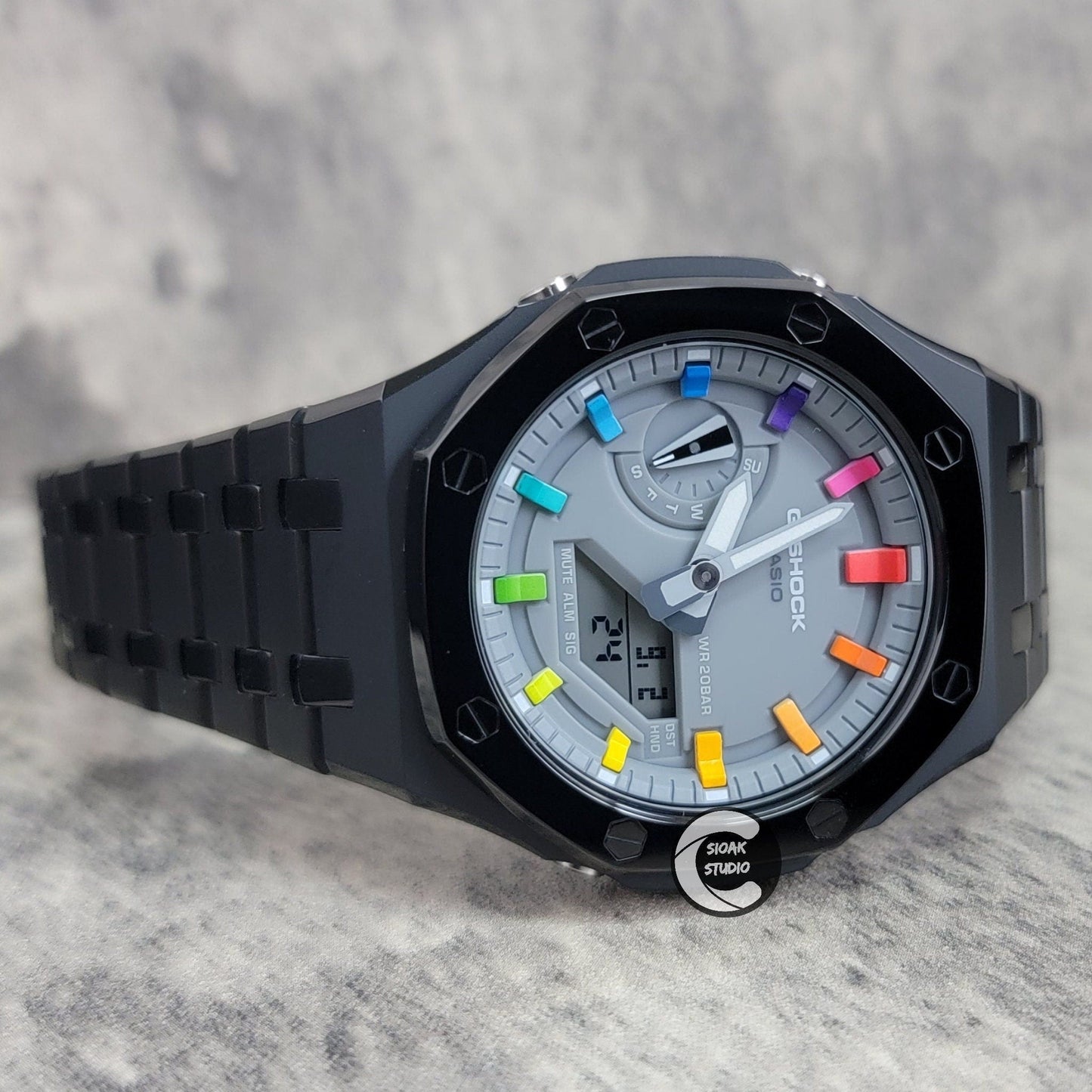 Casioak Mod Watch Polished Black Case Metal Strap Grey Rainbow Time Mark Gray Dial 44mm- Casioak Mod Casio G-Shock Royal Oak Custom Mens Luxury Watches Ga2100