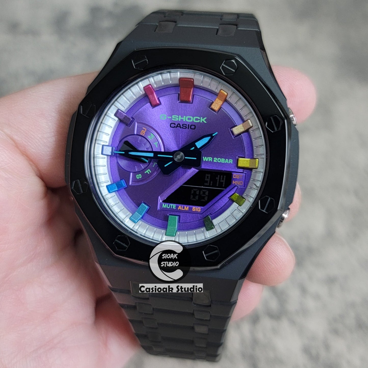 Casioak Mod Watch Polished Black Case Metal Strap Silver Rainbow Time Mark Purple Dial 44mm- Casioak Mod Casio G-Shock Royal Oak Custom Mens Luxury Watches Ga2100