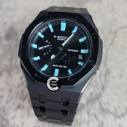 Casioak Mod Watch Polished Black Case Metal Strap Silver Time Mark Blue Dial 44mm- Casioak Mod Casio G-Shock Royal Oak Custom Mens Luxury Watches Ga2100