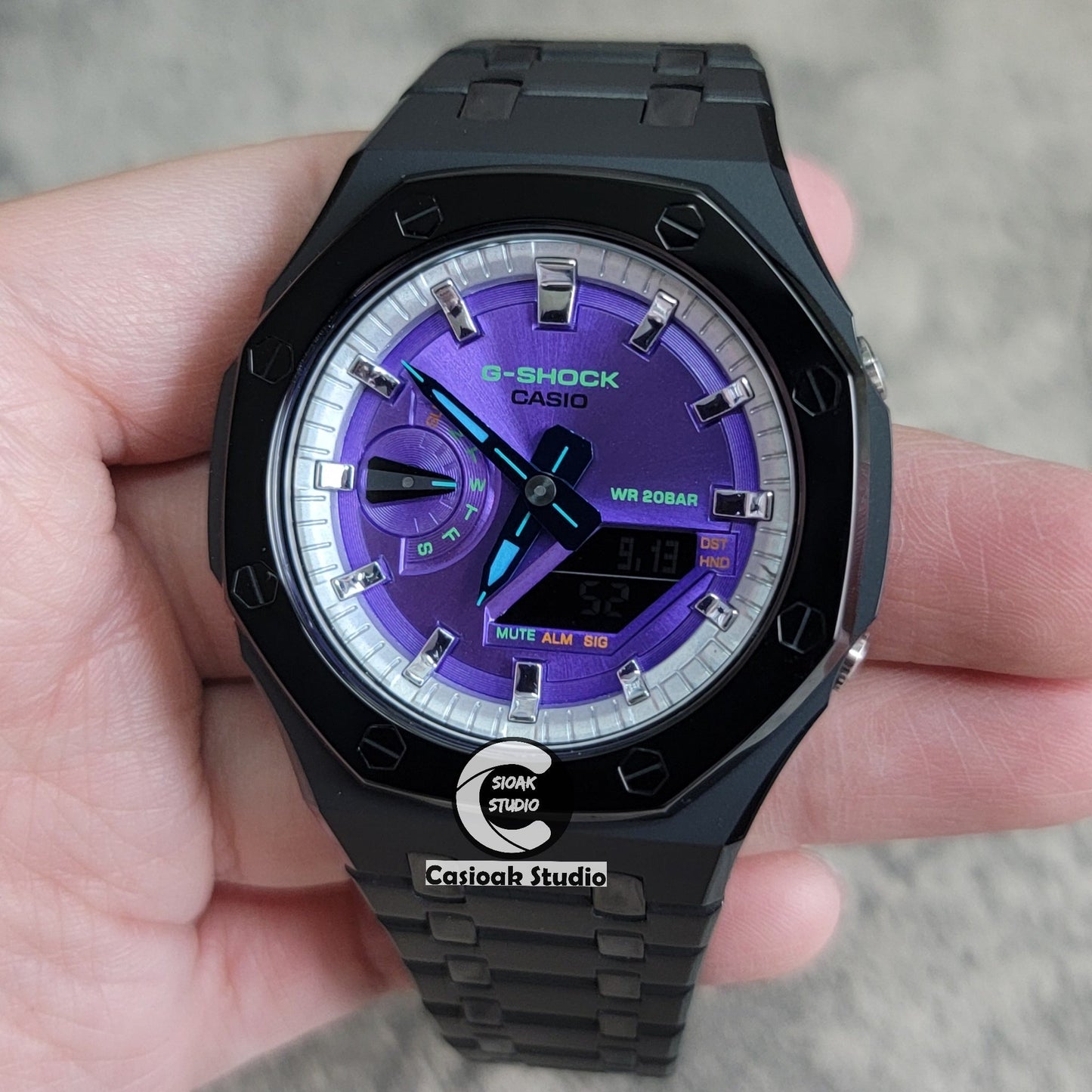 Casioak Mod Watch Polished Black Case Metal Strap Silver Time Mark Purple Dial 44mm- Casioak Mod Casio G-Shock Royal Oak Custom Mens Luxury Watches Ga2100