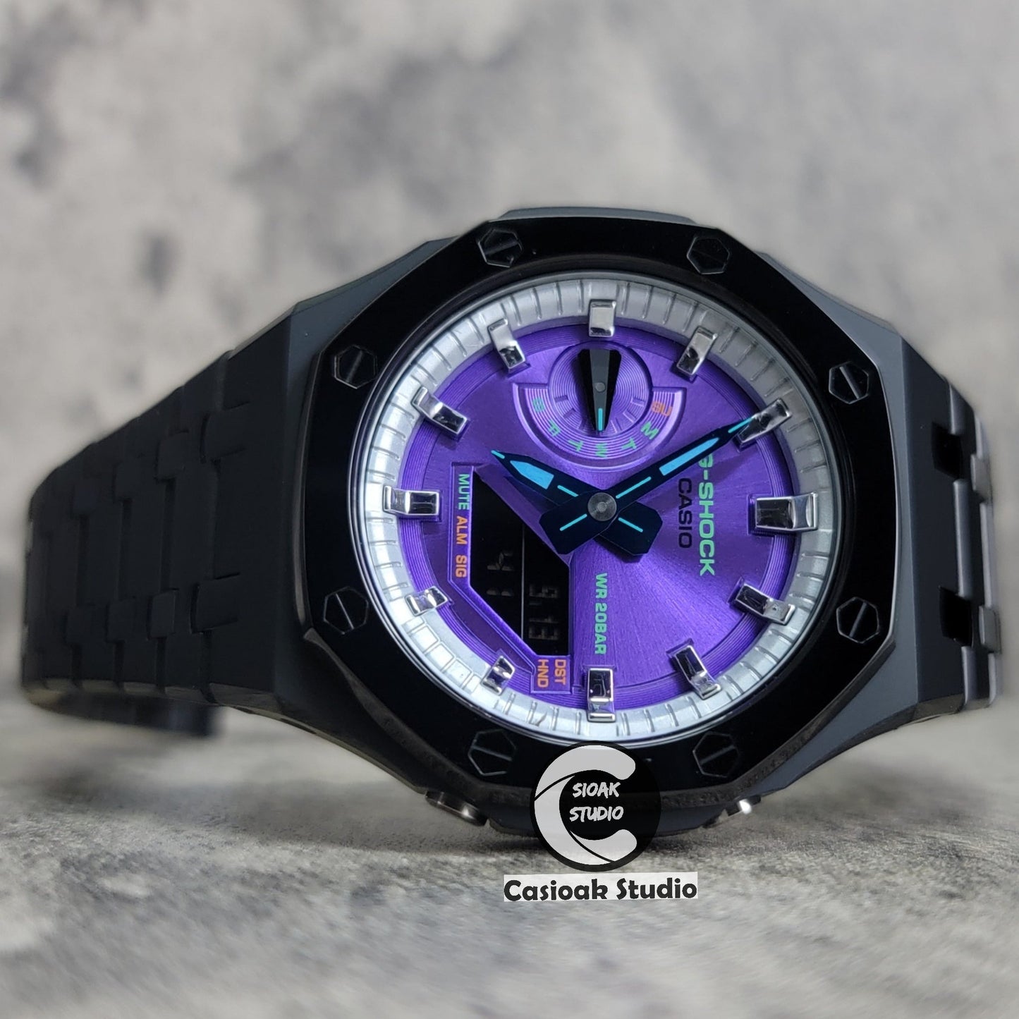 Casioak Mod Watch Polished Black Case Metal Strap Silver Time Mark Purple Dial 44mm- Casioak Mod Casio G-Shock Royal Oak Custom Mens Luxury Watches Ga2100