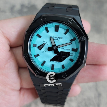 Casioak Mod Watch Polished Black Case Metal Strap Tiff Black Time Mark Tiff Blue Dial 44mm- Casioak Mod Casio G-Shock Royal Oak Custom Mens Luxury Watches Ga2100