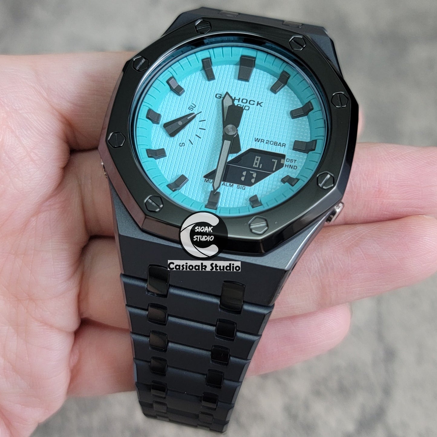 Casioak Mod Watch Polished Black Case Metal Strap Tiff Black Time Mark Tiff Blue Dial 44mm- Casioak Mod Casio G-Shock Royal Oak Custom Mens Luxury Watches Ga2100