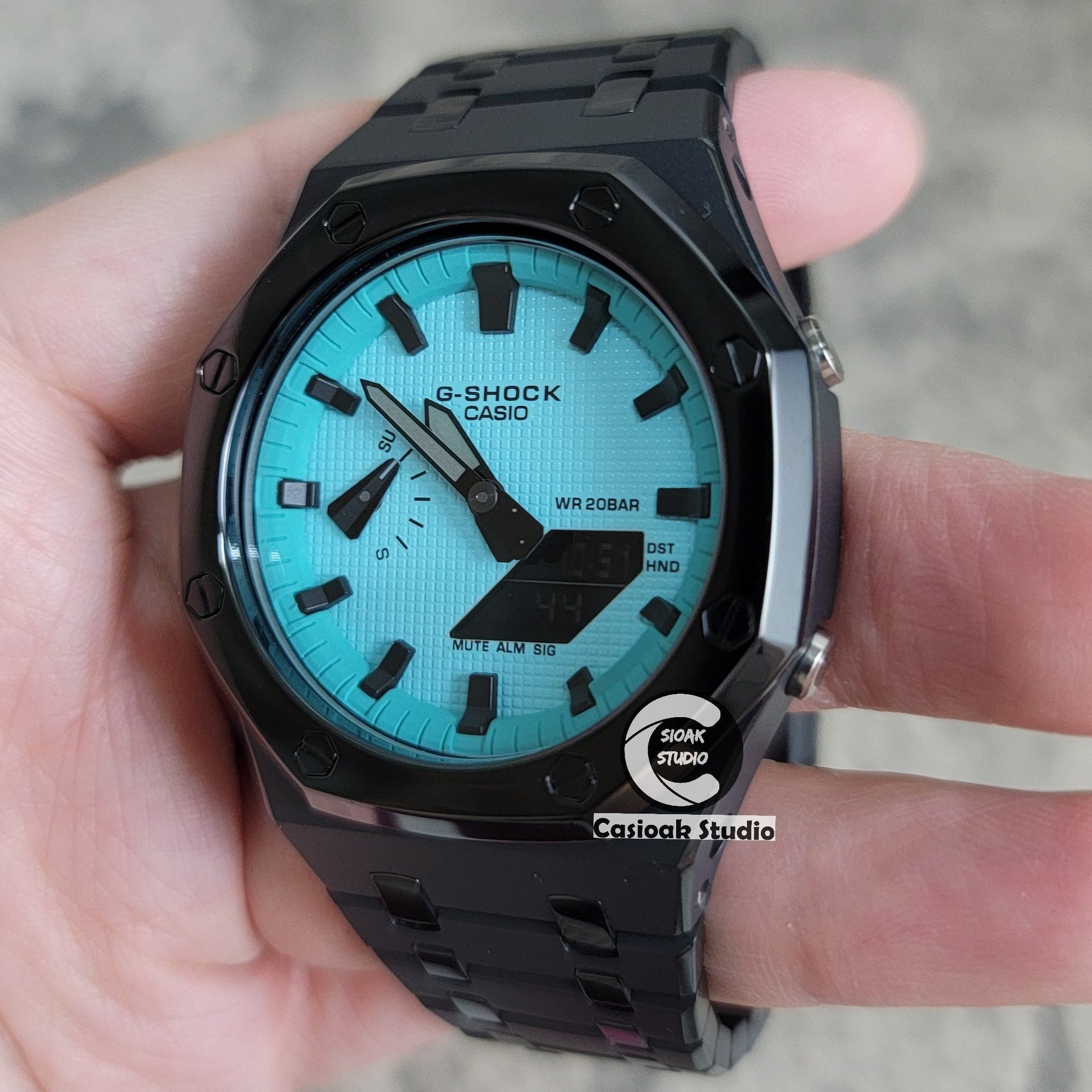 Casioak Mod Watch Polished Black Case Metal Strap Tiff Black Time Mark Tiff Blue Dial 44mm- Casioak Mod Casio G-Shock Royal Oak Custom Mens Luxury Watches Ga2100