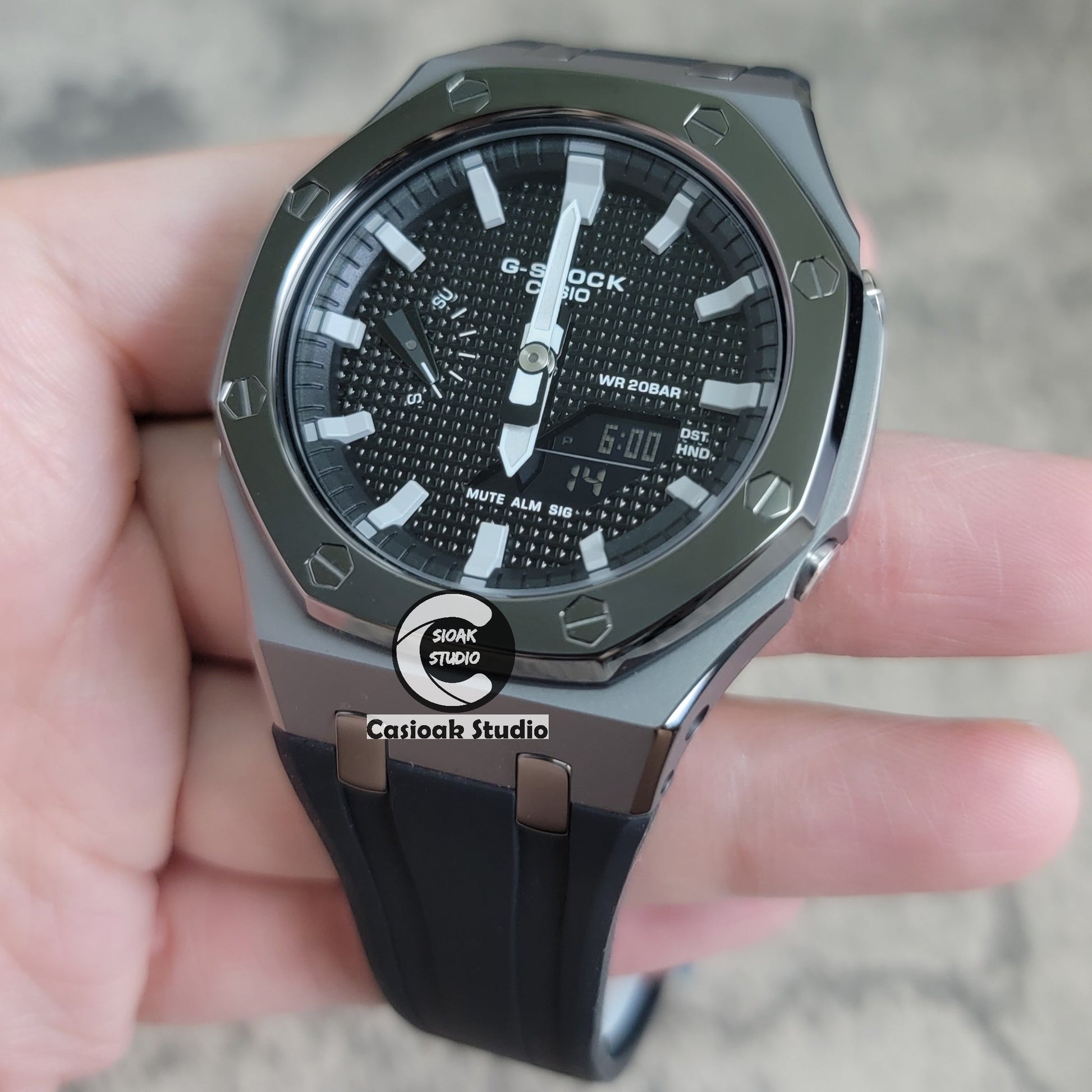 Casioak Mod Watch Polished Gray Case Black Strap Black Gray Time Mark Black Waffle Dial 44mm- Casioak Mod Casio G-Shock Royal Oak Custom Mens Luxury Watches Ga2100