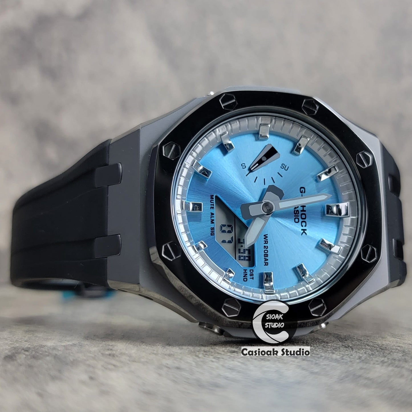 Casioak Mod Watch Polished Gray Case Black Strap Silver Time Mark Blue Dial 44mm- Casioak Mod Casio G-Shock Royal Oak Custom Mens Luxury Watches Ga2100