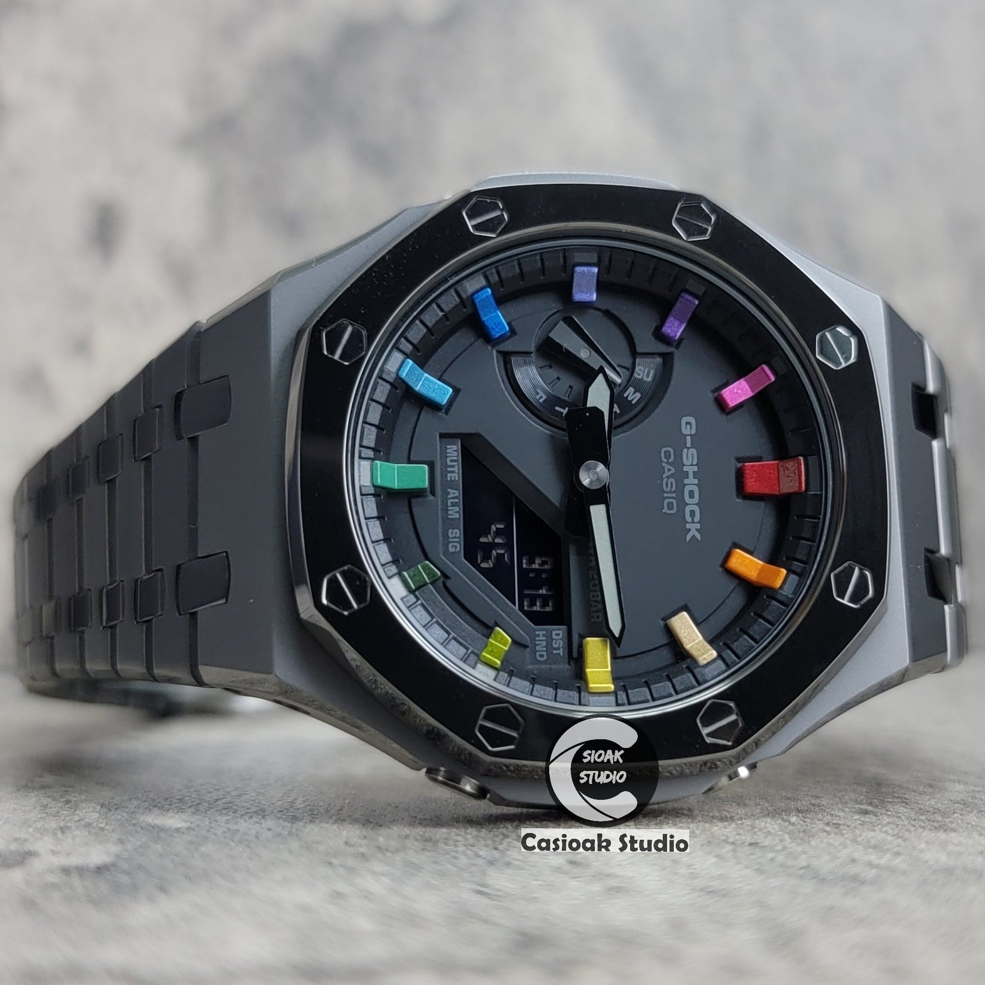 Casioak Mod Watch Polished Gray Case Metal Strap Black Rainbow Time Mark Black Dial 44mm- Casioak Mod Casio G-Shock Royal Oak Custom Mens Luxury Watches Ga2100