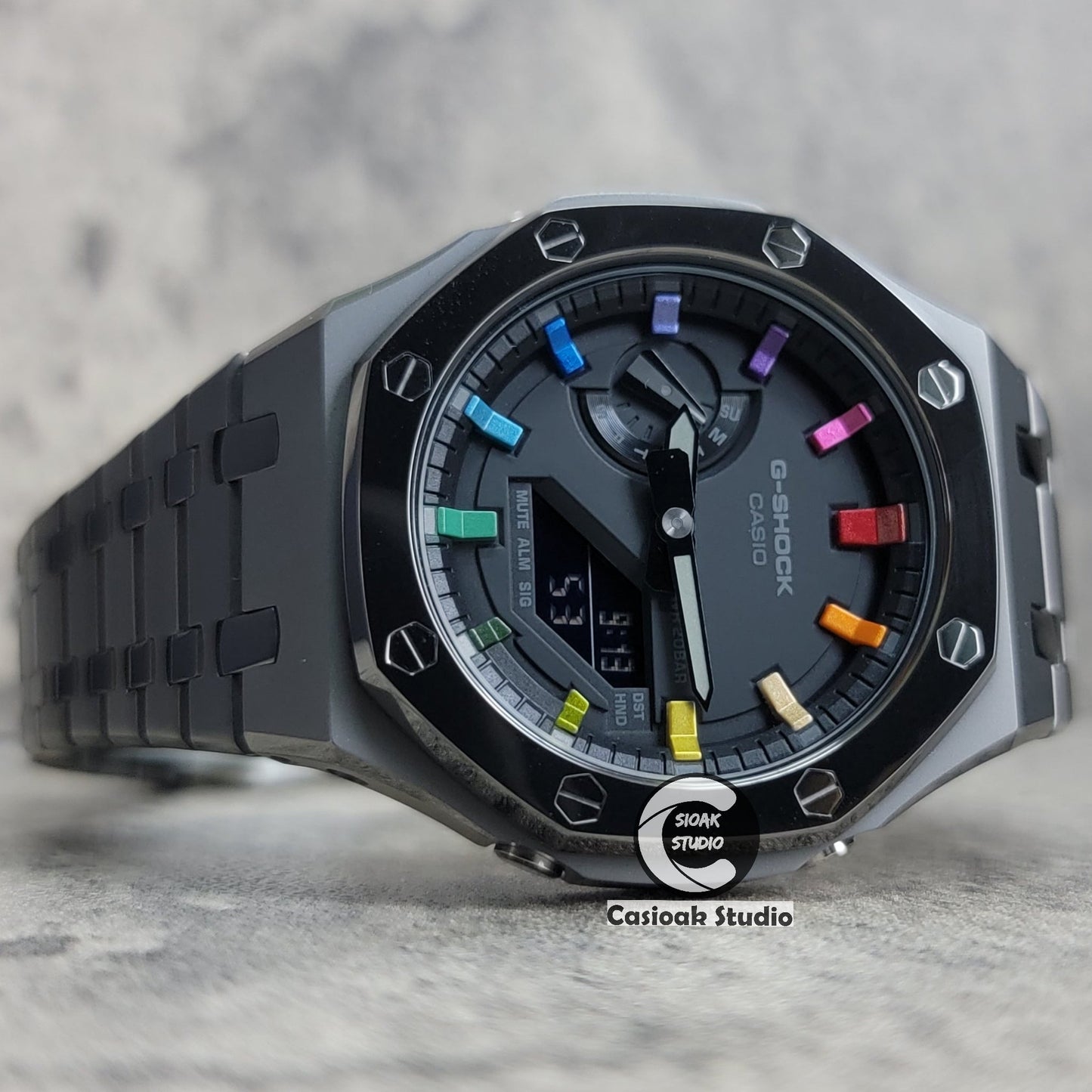 Casioak Mod Watch Polished Gray Case Metal Strap Black Rainbow Time Mark Black Dial 44mm- Casioak Mod Casio G-Shock Royal Oak Custom Mens Luxury Watches Ga2100