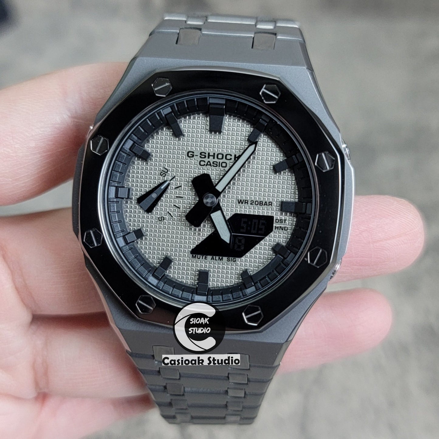 Casioak Mod Watch Polished Gray Case Metal Strap Black Time Mark Gray Waffle Dial 44mm- Casioak Mod Casio G-Shock Royal Oak Custom Mens Luxury Watches Ga2100