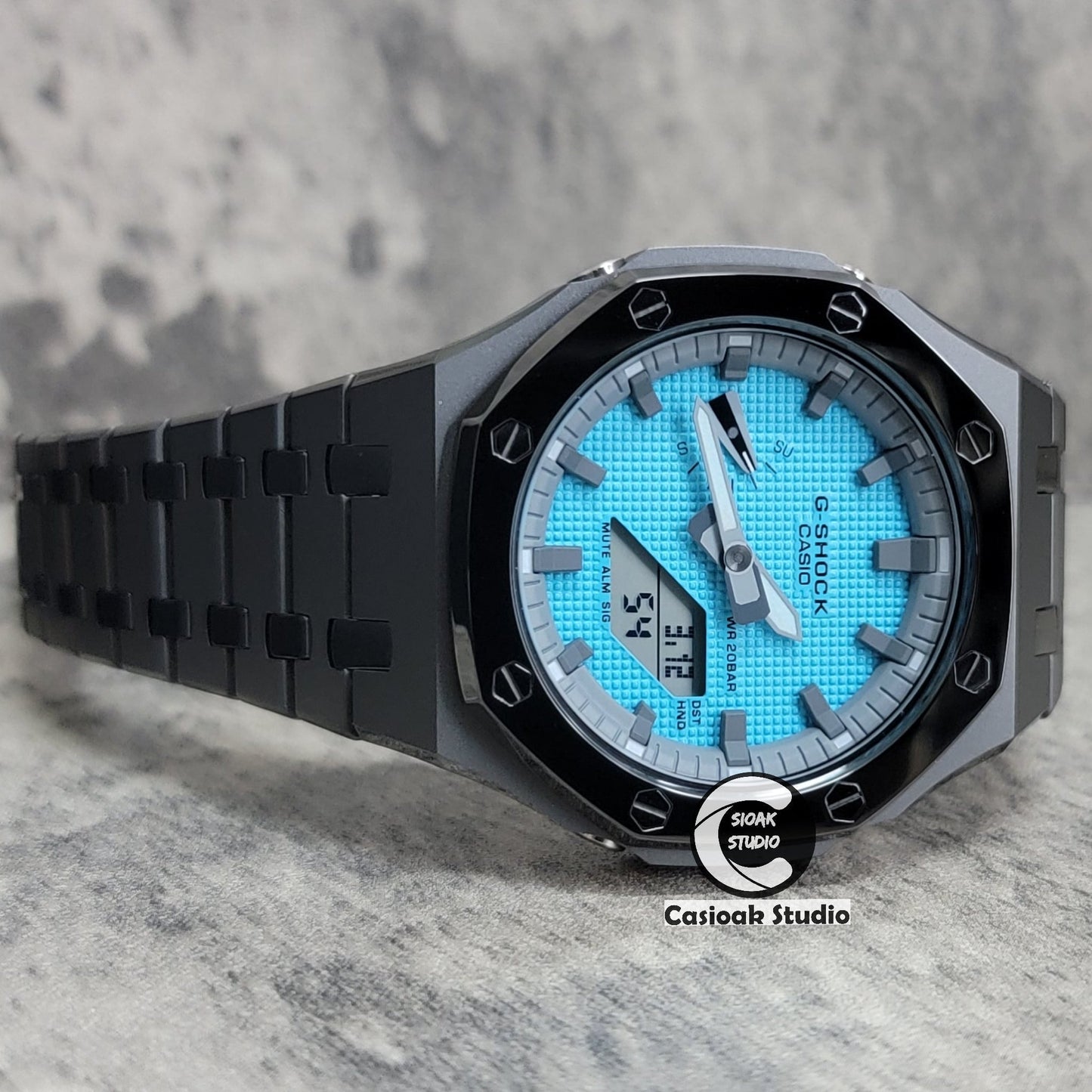 Casioak Mod Watch Polished Gray Case Metal Strap Gray Time Mark Tiff Blue Dial 44mm- Casioak Mod Casio G-Shock Royal Oak Custom Mens Luxury Watches Ga2100