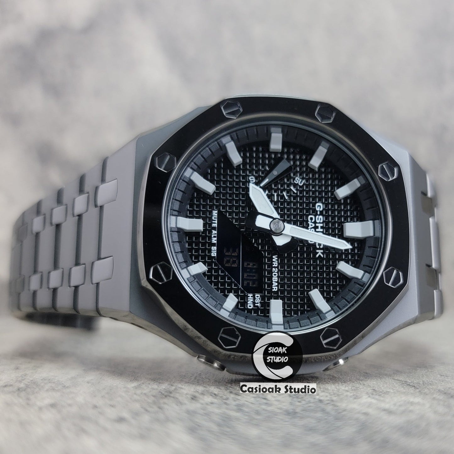 Casioak Mod Watch Polished Gray Metal Strap Black Gray Time Mark Black Waffle Dial 44mm- Casioak Mod Casio G-Shock Royal Oak Custom Mens Luxury Watches Ga2100