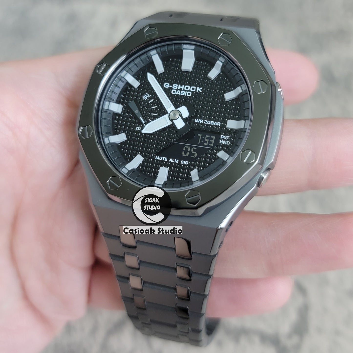 Casioak Mod Watch Polished Gray Metal Strap Black Gray Time Mark Black Waffle Dial 44mm- Casioak Mod Casio G-Shock Royal Oak Custom Mens Luxury Watches Ga2100