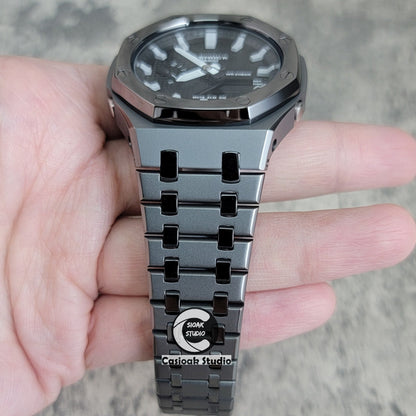 Casioak Mod Watch Polished Gray Metal Strap Black Gray Time Mark Black Waffle Dial 44mm- Casioak Mod Casio G-Shock Royal Oak Custom Mens Luxury Watches Ga2100