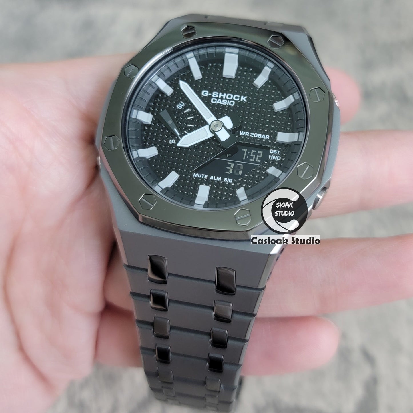 Casioak Mod Watch Polished Gray Metal Strap Black Gray Time Mark Black Waffle Dial 44mm- Casioak Mod Casio G-Shock Royal Oak Custom Mens Luxury Watches Ga2100