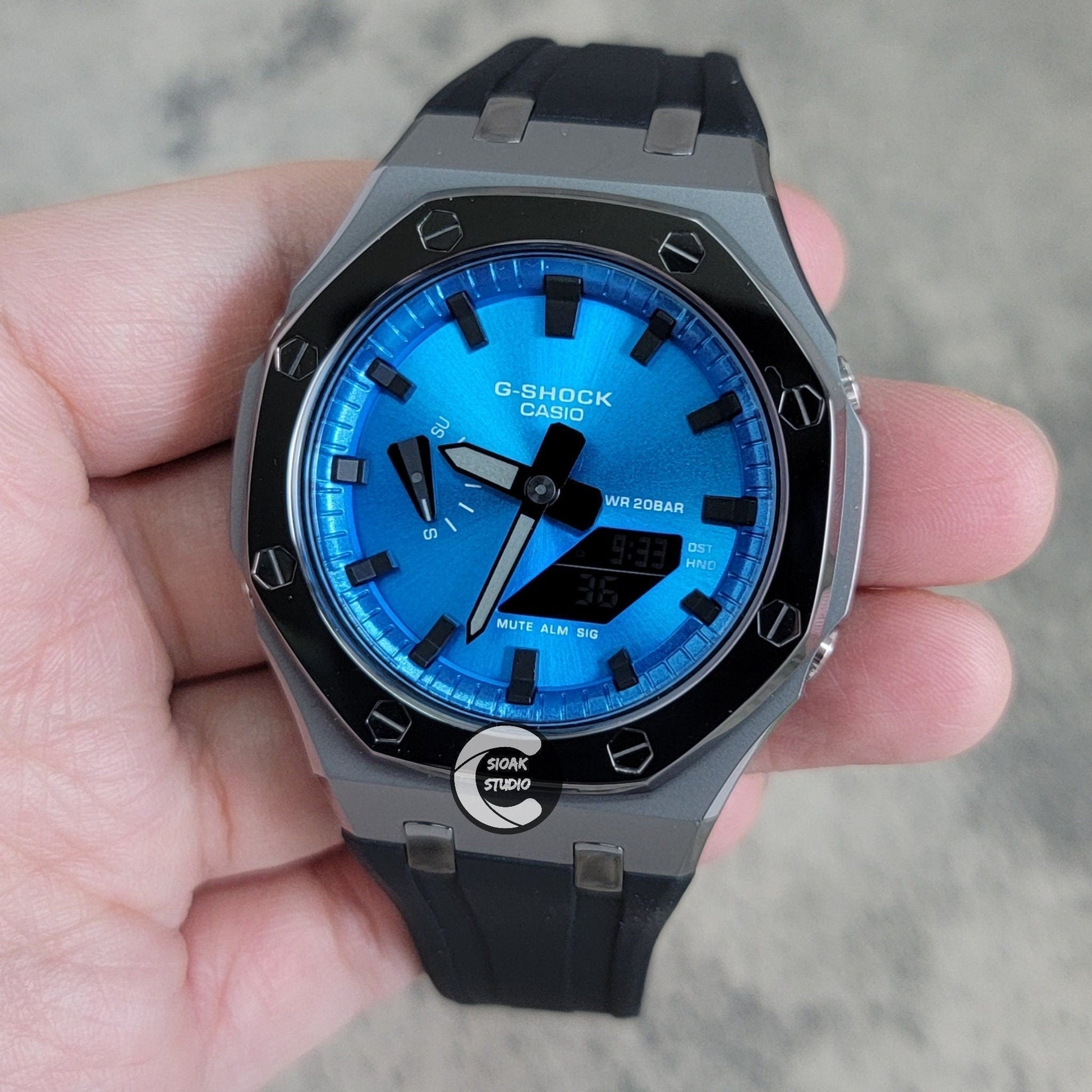 Casioak Mod Watch Polished Grey Case Black Rubber Strap Blue Black Time Mark Black Dial 44mm- Casioak Mod Casio G-Shock Royal Oak Custom Mens Luxury Watches Ga2100