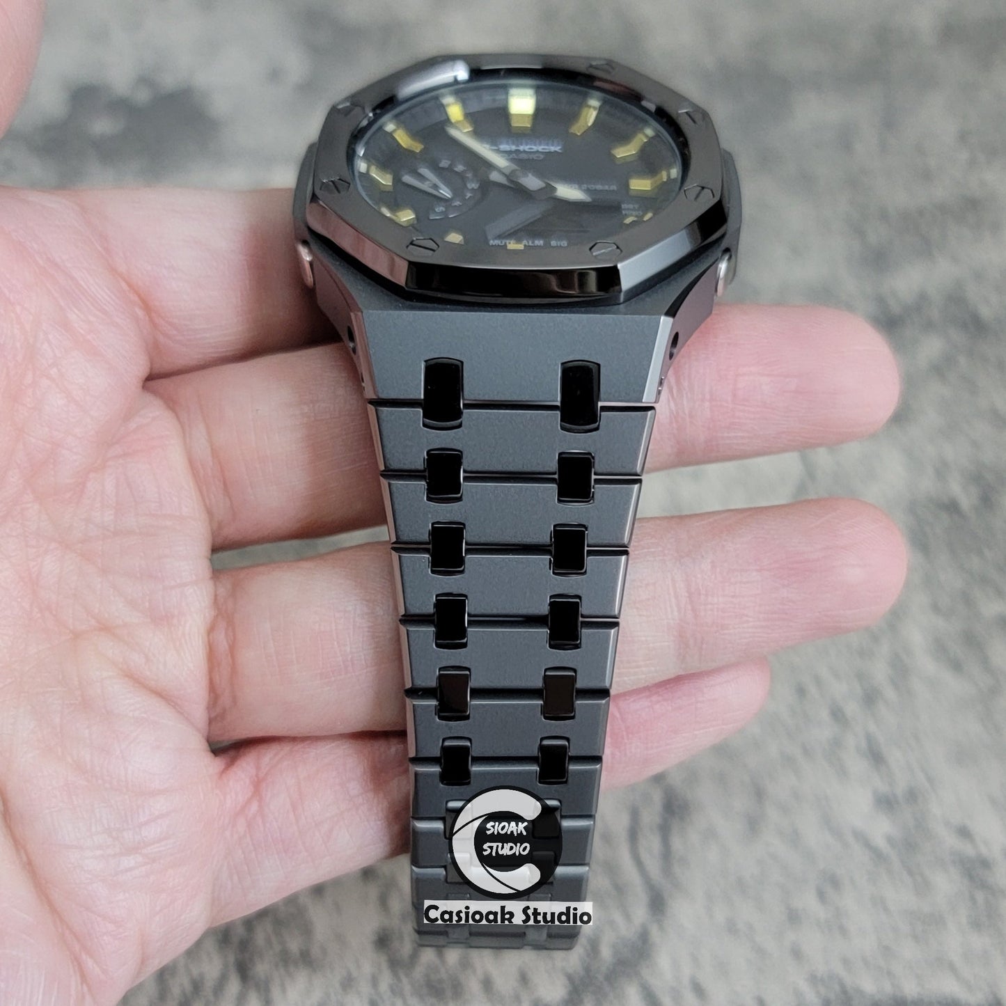 Casioak Mod Watch Polished Grey Case Metal Strap Gold Time Mark Black Dial 44mm- Casioak Mod Casio G-Shock Royal Oak Custom Mens Luxury Watches Ga2100