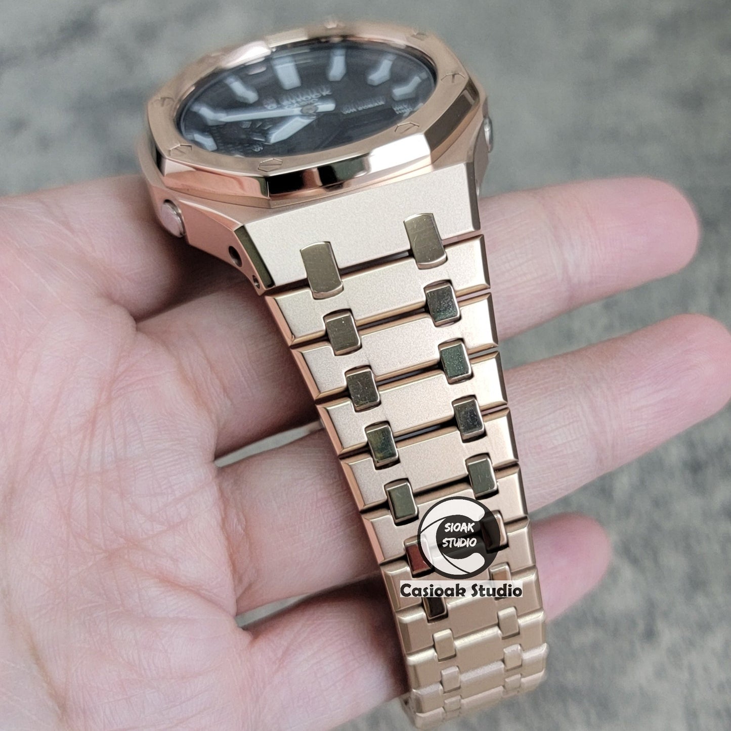 Casioak Mod Watch Polished Rose Gold Case Metal Strap Black Gray Time Mark Black Waffle Dial 44mm- Casioak Mod Casio G-Shock Royal Oak Custom Mens Luxury Watches Ga2100