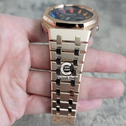 Casioak Mod Watch Polished Rose Gold Case Metal Strap Black Rainbow Time Mark Black Waffle Dial 44mm- Casioak Mod Casio G-Shock Royal Oak Custom Mens Luxury Watches Ga2100