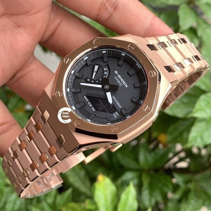 Casioak Mod Watch Polished Rose Gold Case Metal Strap Black Time Mark Black Dial 44mm- Casioak Mod Casio G-Shock Royal Oak Custom Mens Luxury Watches Ga2100