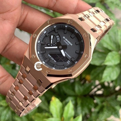 Casioak Mod Watch Polished Rose Gold Case Metal Strap Black Time Mark Black Dial 44mm- Casioak Mod Casio G-Shock Royal Oak Custom Mens Luxury Watches Ga2100