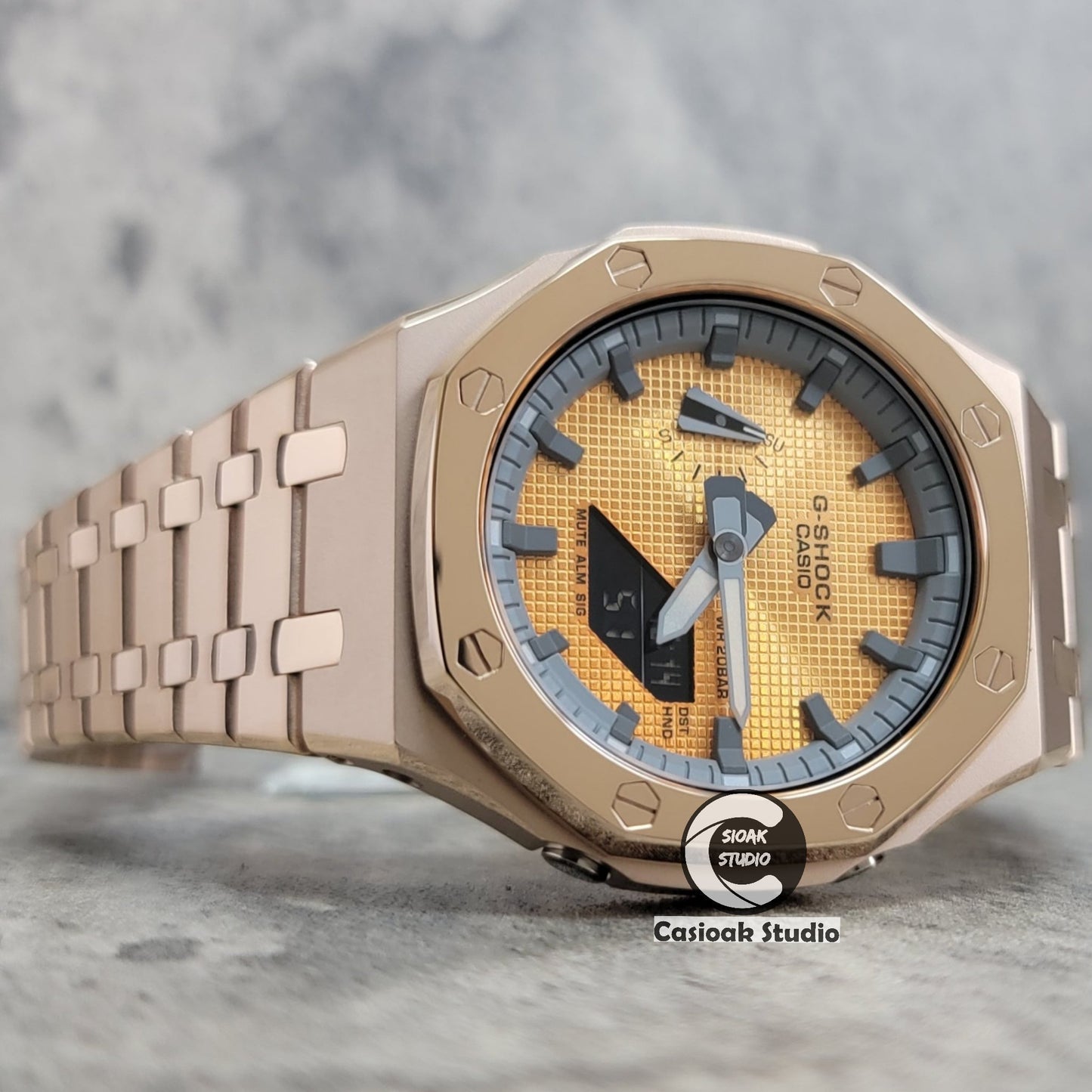 Casioak Mod Watch Polished Rose Gold Case Metal Strap Gray Time Mark Gold Waffle Dial 44mm- Casioak Mod Casio G-Shock Royal Oak Custom Mens Luxury Watches Ga2100