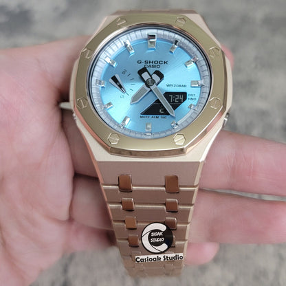 Casioak Mod Watch Polished Rose Gold Case Metal Strap Silver Time Mark Ice Blue Dial 44mm- Casioak Mod Casio G-Shock Royal Oak Custom Mens Luxury Watches Ga2100