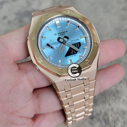 Casioak Mod Watch Polished Rose Gold Case Metal Strap Silver Time Mark Ice Blue Dial 44mm- Casioak Mod Casio G-Shock Royal Oak Custom Mens Luxury Watches Ga2100