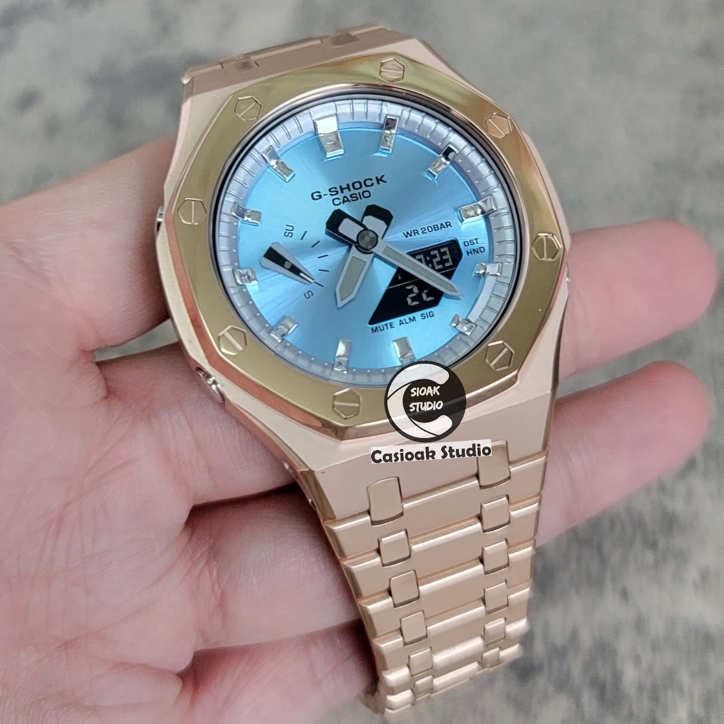 Casioak Mod Watch Polished Rose Gold Case Metal Strap Silver Time Mark Ice Blue Dial 44mm- Casioak Mod Casio G-Shock Royal Oak Custom Mens Luxury Watches Ga2100