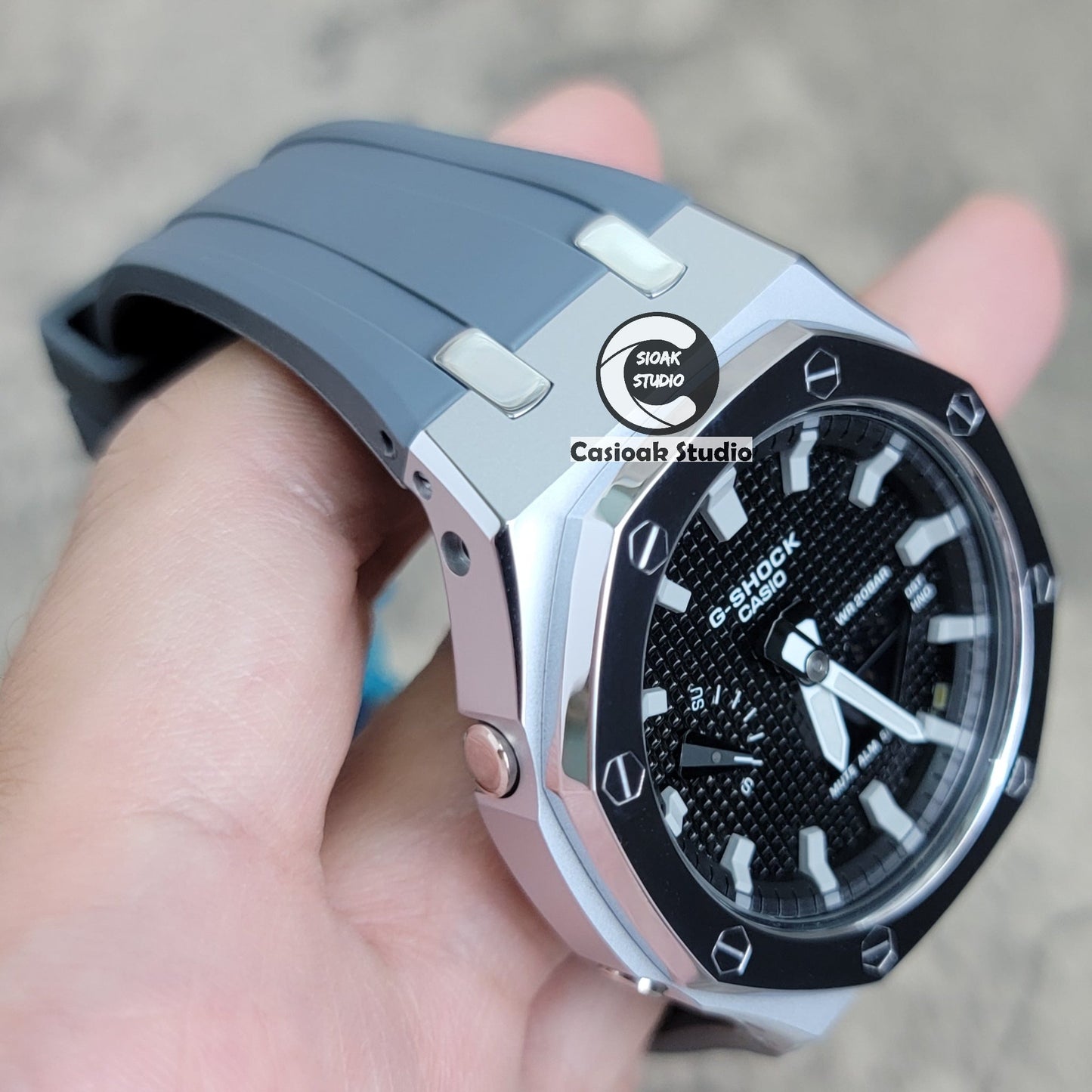 Casioak Mod Watch Polished Silver Case Black Strap Black Gray Time Mark Black Waffle Dial 44mm- Casioak Mod Casio G-Shock Royal Oak Custom Mens Luxury Watches Ga2100