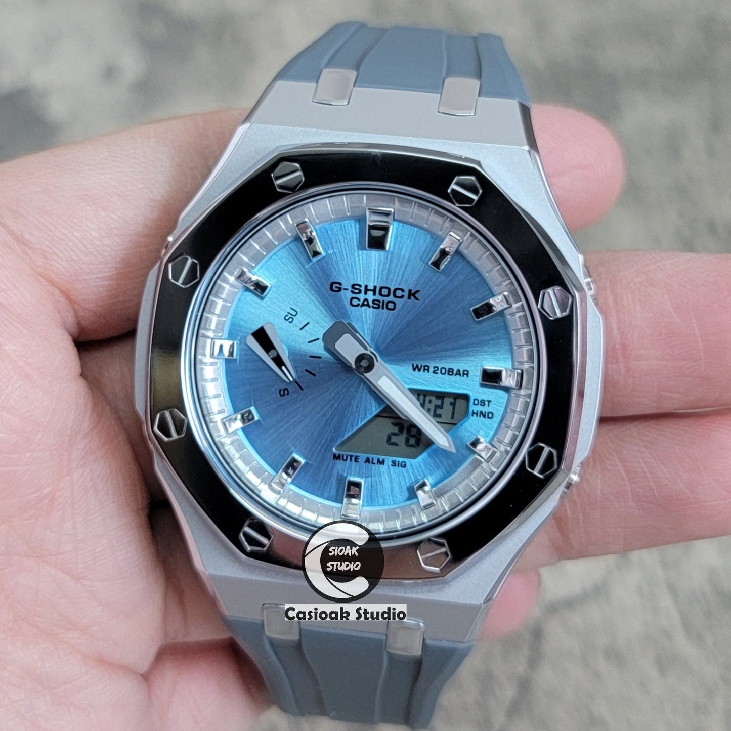 Casioak Mod Watch Polished Silver Case Black Strap Silver Time Mark Blue Dial 44mm- Casioak Mod Casio G-Shock Royal Oak Custom Mens Luxury Watches Ga2100