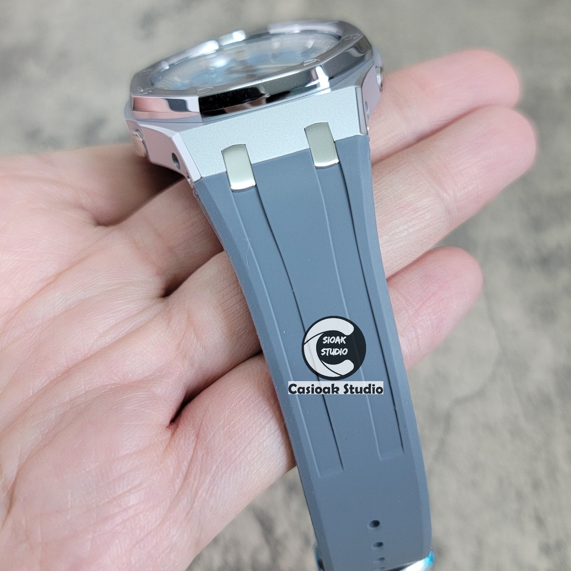 Casioak Mod Watch Polished Silver Case Black Strap Silver Time Mark Blue Dial 44mm- Casioak Mod Casio G-Shock Royal Oak Custom Mens Luxury Watches Ga2100