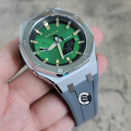 Casioak Mod Watch Polished Silver Case Gray Strap Black Gold Time Mark Green Dial 44mm- Casioak Mod Casio G-Shock Royal Oak Custom Mens Luxury Watches Ga2100