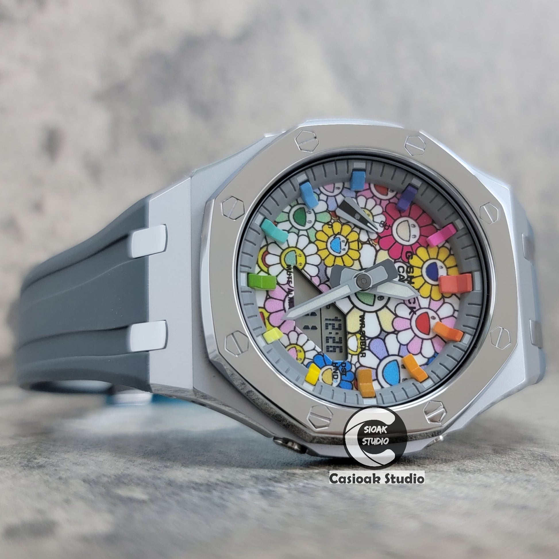 Casioak Mod Watch Polished Silver Case Grey Strap Gray Rainbow Time Mark TAKASHI MURAKAM Dial 44mm- Casioak Mod Casio G-Shock Royal Oak Custom Mens Luxury Watches Ga2100