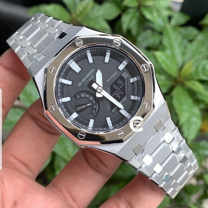 Casioak Mod Watch Polished Silver Case Metal Strap Black Light Gray Time Mark Black Dial 44mm- Casioak Mod Casio G-Shock Royal Oak Custom Mens Luxury Watches Ga2100