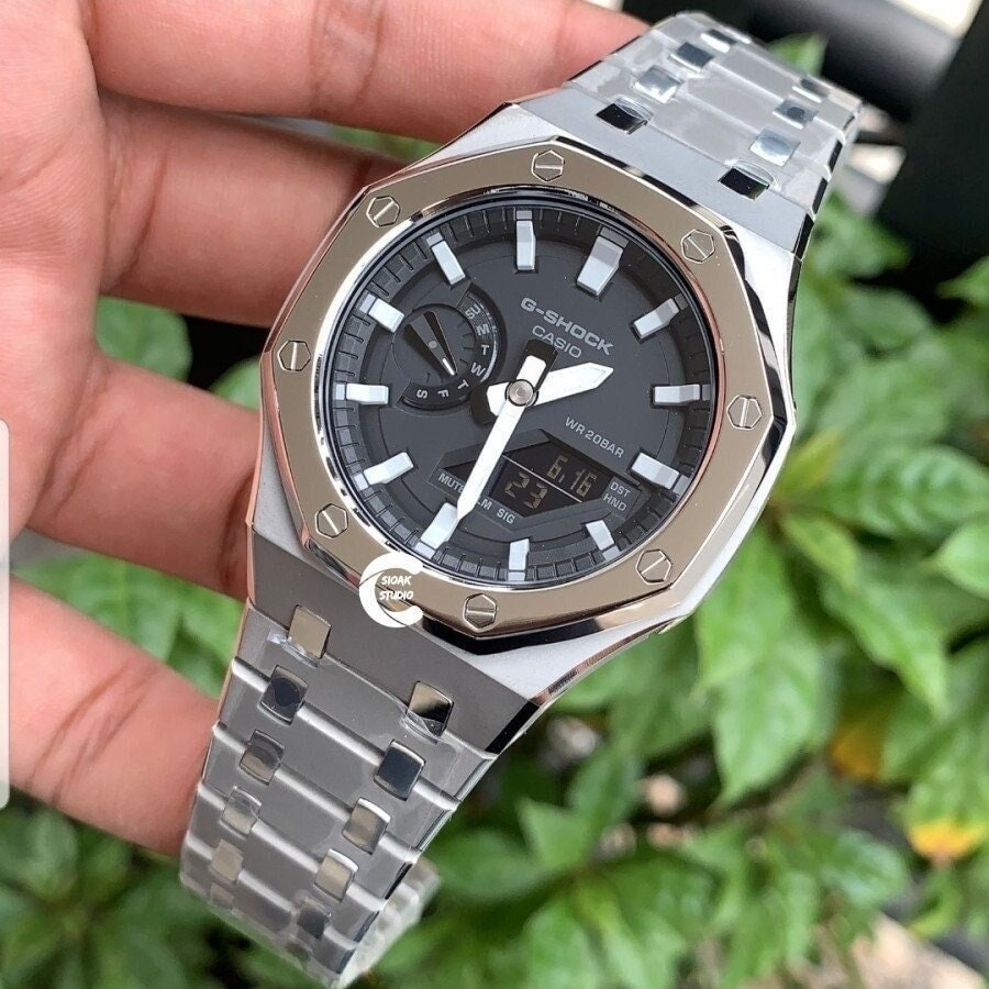 Casioak Mod Watch Polished Silver Case Metal Strap Black Light Gray Time Mark Black Dial 44mm- Casioak Mod Casio G-Shock Royal Oak Custom Mens Luxury Watches Ga2100