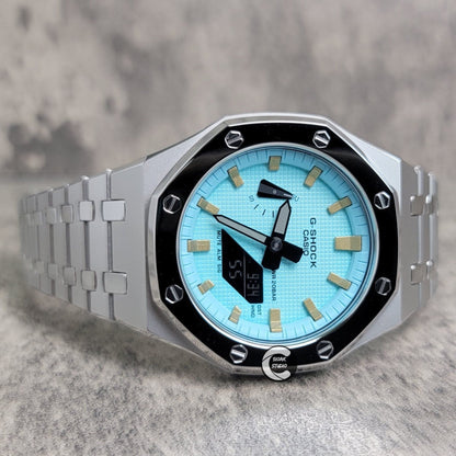 Casioak Mod Watch Polished Silver Case Metal Strap Tiff Gold Time Mark Tiff Blue Dial 44mm- Casioak Mod Casio G-Shock Royal Oak Custom Mens Luxury Watches Ga2100