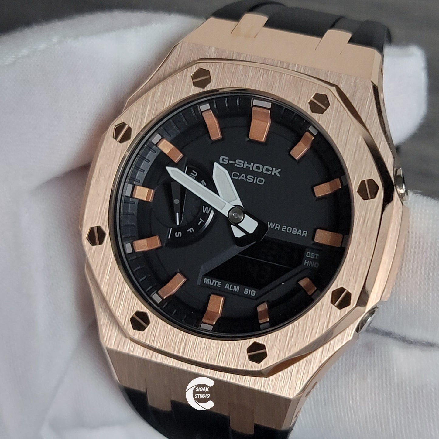 Casioak Mod Watch Rose Gold Case Black Rubber Strap Black Rose Gold Time Mark Black Dial 44mm- Casioak Mod Casio G-Shock Royal Oak Custom Mens Luxury Watches Ga2100