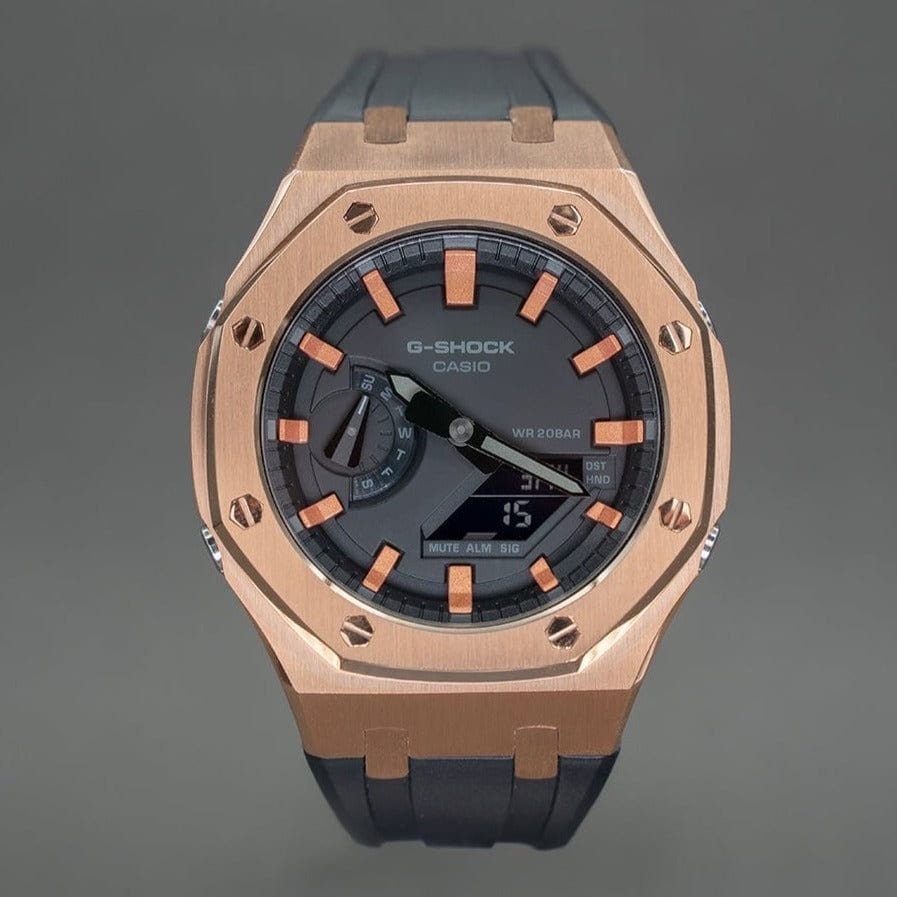 Casioak Mod Watch Rose Gold Case Black Rubber Strap Black Rose Gold Time Mark Black Dial 44mm- Casioak Mod Casio G-Shock Royal Oak Custom Mens Luxury Watches Ga2100