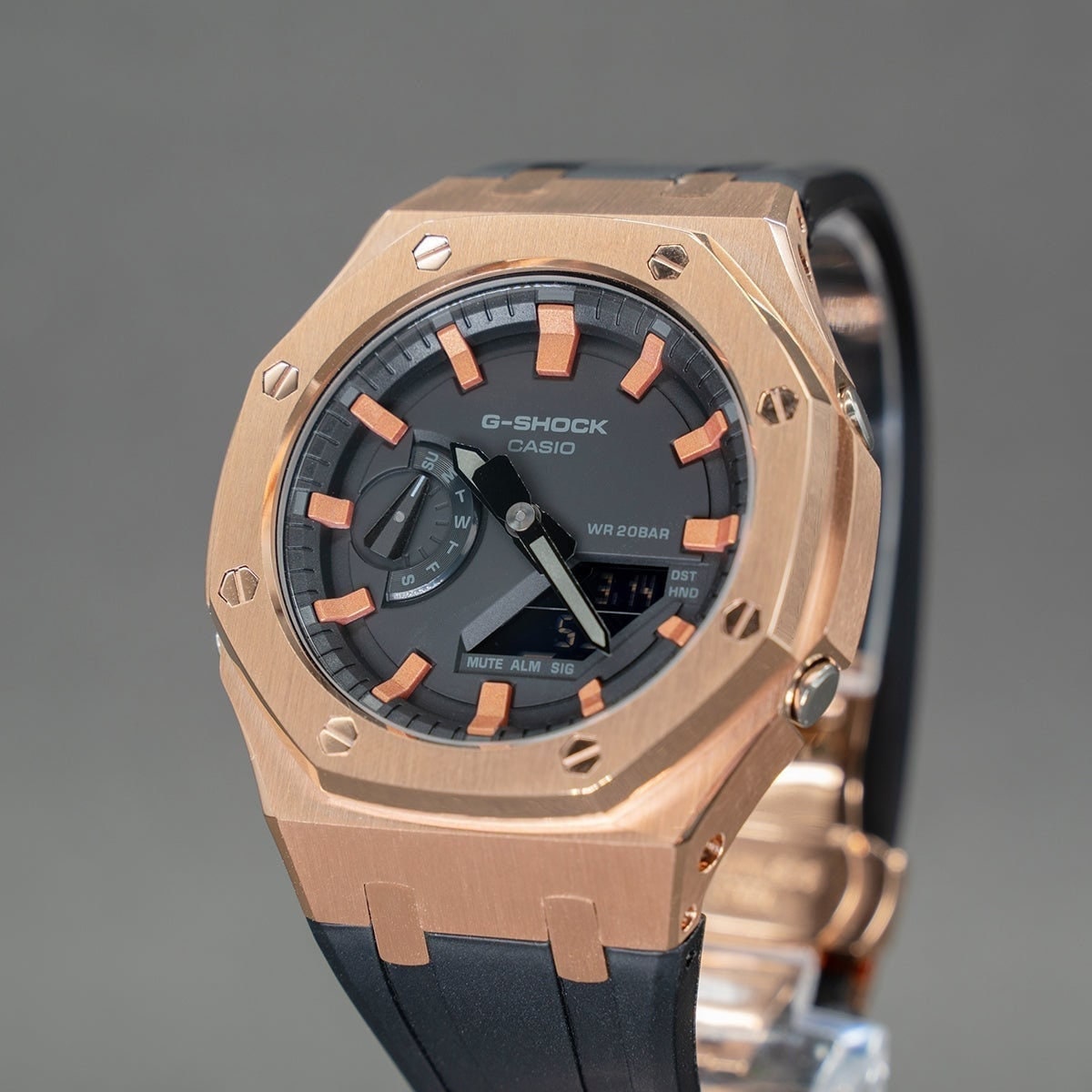 Casioak Mod Watch Rose Gold Case Black Rubber Strap Black Rose Gold Time Mark Black Dial 44mm- Casioak Mod Casio G-Shock Royal Oak Custom Mens Luxury Watches Ga2100